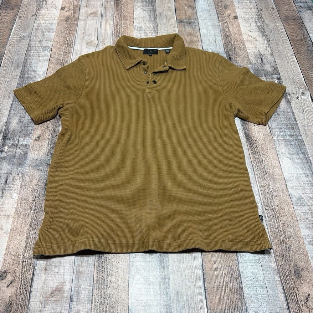Ted Baker Polo Shirt Mens Size 5 Brown Textured Knit Short Sleeve Wool Blend